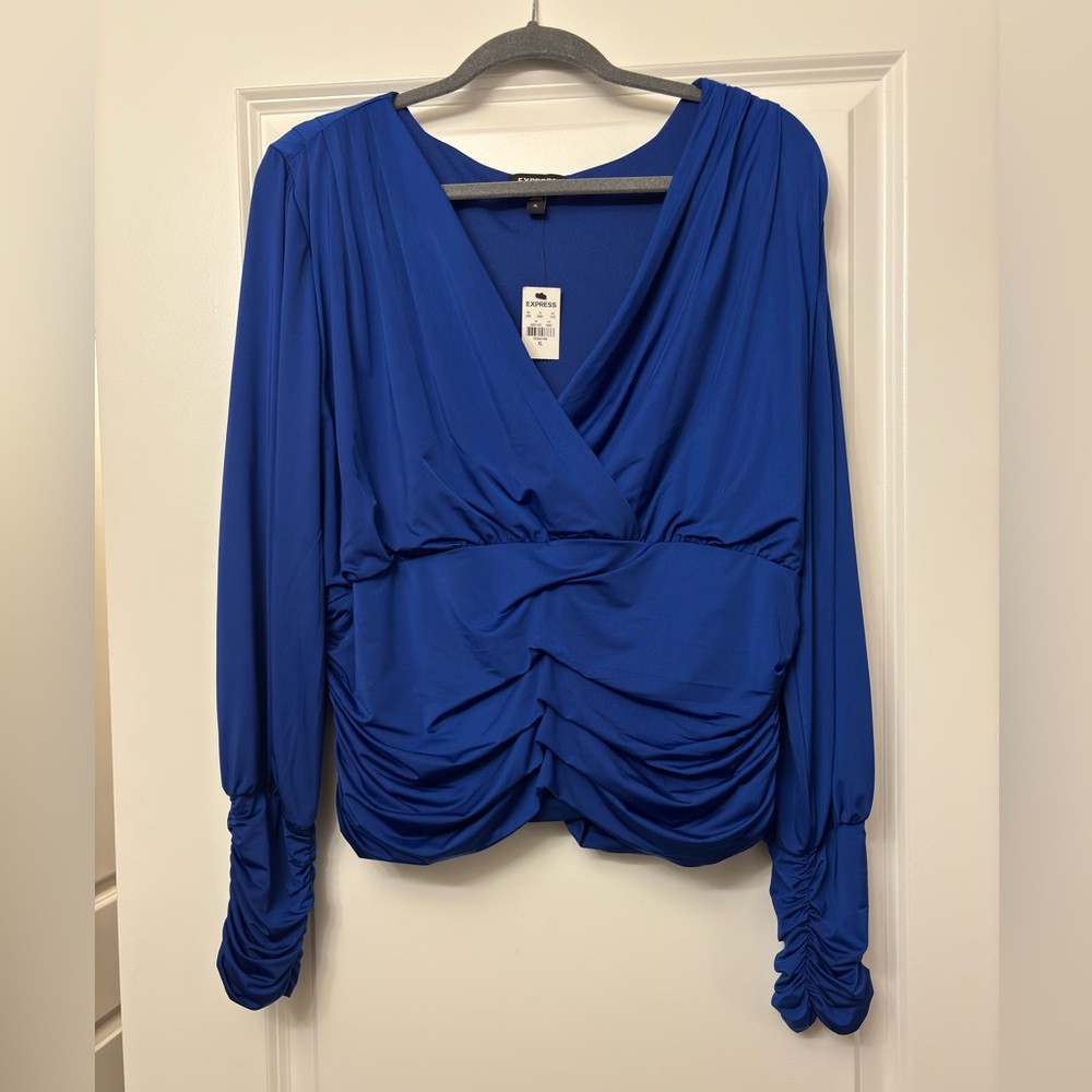 EXPRESS ROYAL BLUE BLOUSE W/ WRAP & RUCHING DETAIL XL NWT